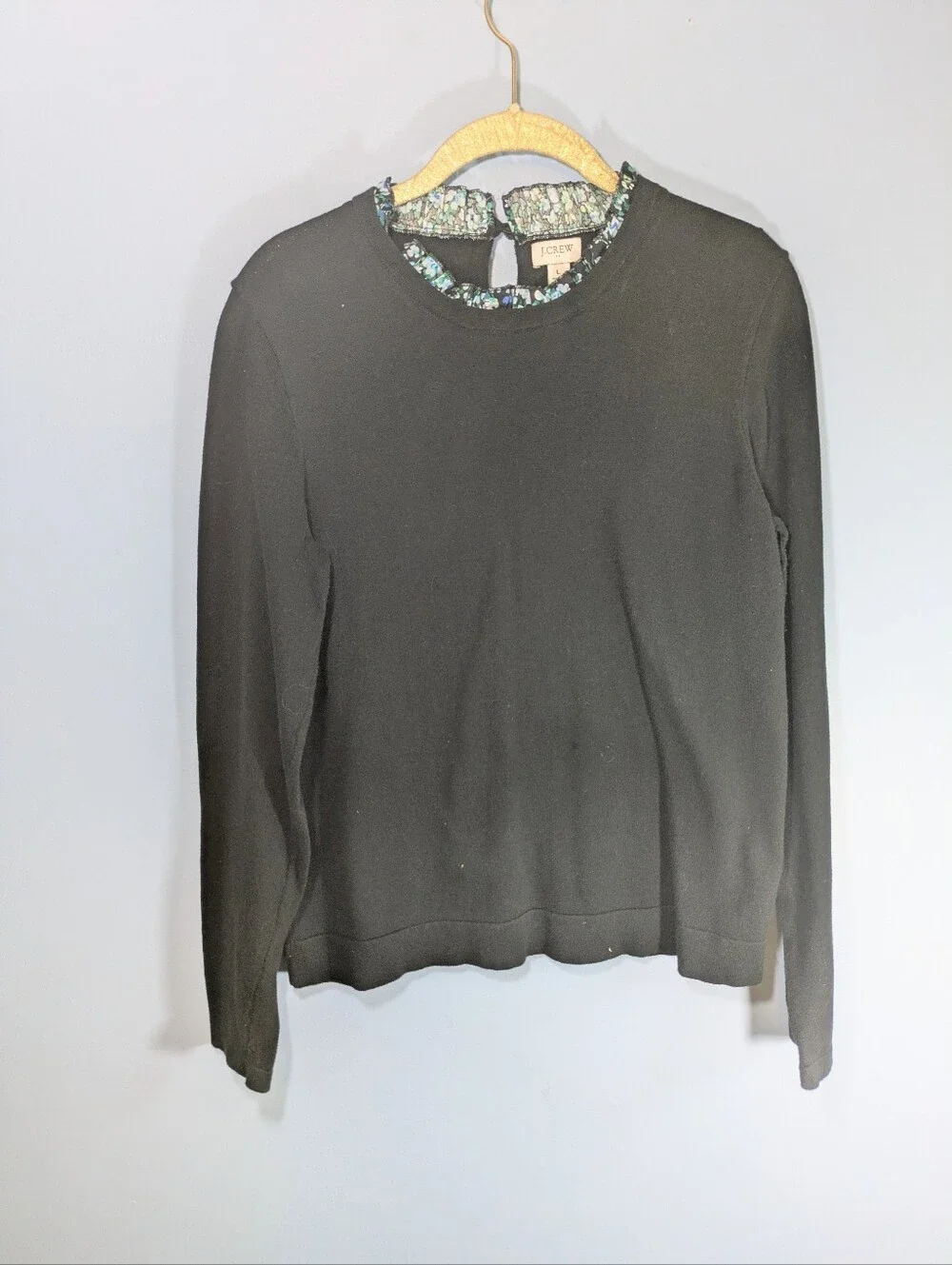 J. Crew Black Crewneck Sweater Floral Ruffle Trim
